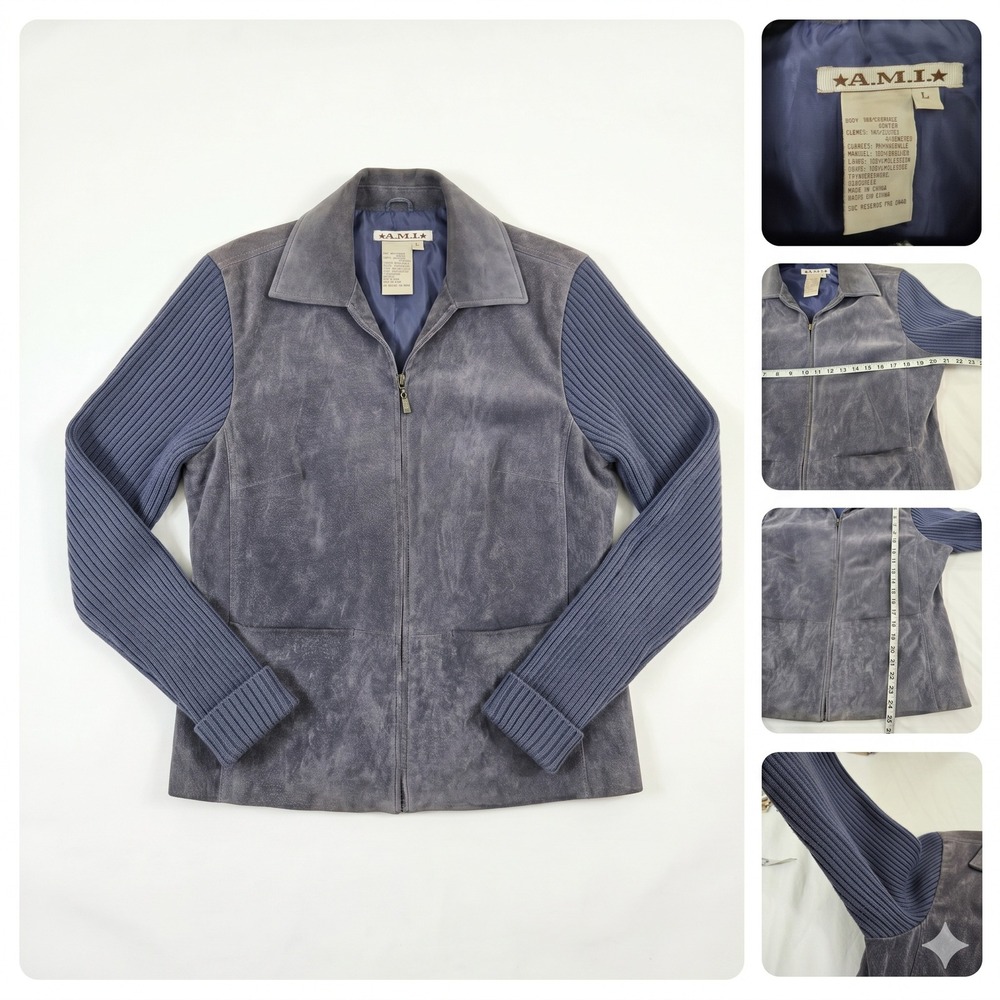 AMI Womens Large Suede Leather Knit Sleeve Jacket Gray Blue Y2K Mixed Media Zip